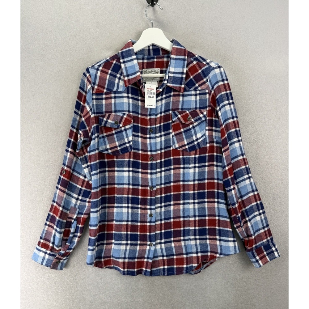 Overdrive Women's S Red Blue Plaid Flannel Shirt Western Roll Tab NWT Button Up